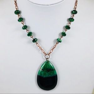 Green and Black Gemstone Pendant on Copper Chain